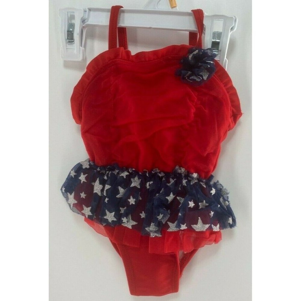 "CANDLESTICKS" RED BLUE & SILVER STAR PRINT TUTU ONE PIECE BABY SWIMSUIT SZE: 9M